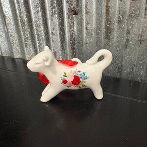 Pioneer Woman Cheerful Rose Cow Christmas Ornament White Floral Ceramic